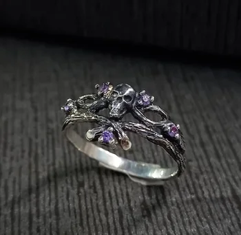 Елегантна годежен пръстен с череп от старо сребро в тъмно-готически стил за жени, уникални пръстени-скелети с лилаво кубическим цирконием на Хелоуин