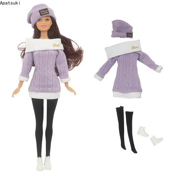 Лилаво ръчно изработени комплект дрехи за кукли Барби, възли пуловери, рокли, чорапи, обувки, Шапка, Подаръци за момичета, играчки за деца
