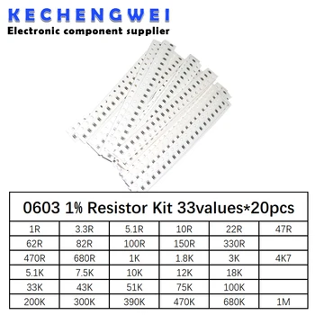Набор от резистори SMD 0603, Асорти, 1 ом-1 M Ω, 1%, 33 стойността на x 20pcs = 660шт, набор от проби