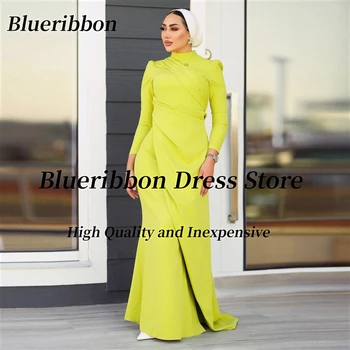 Сватбени рокли Blueribbon за жени, Дубай, Арабия, Вечерни рокли с висока яка и дълги ръкави, рокля за абитуриентски бал с рюшами и цепка отстрани