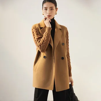 Жена сако, двубортное пряк свободен вълнена кашемировое палто с джобове и дълъг ръкав