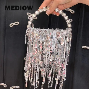 Вечерни чанти MEDIOW За жени, луксозна дизайнерска чанта 2023 година на Издаване, новост от PVC, блестящ диск, симулиращ диаманти четката, мини-рамо