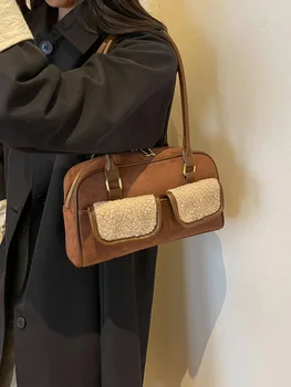 Нишевый дизайн, мода ретро-matte чанта под мишниците, замшевая двойна чанта, ежедневни универсална чанта през рамо, голяма чанта голям възглавница.