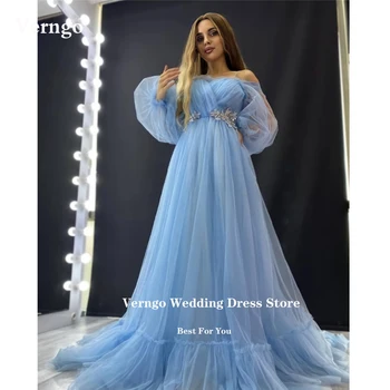 Verngo Светло синьо вечерни рокли за бала от мек тюл с открити рамене и дълги ръкави, Дубайские арабски дамски официални рокли за булката