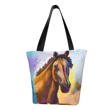 Чанта за пазаруване с продукти за коне, холщовая чанта за пазаруване с потребителски принтом, по-голямата голям здрава чанта с абстрактно изкуство животни.