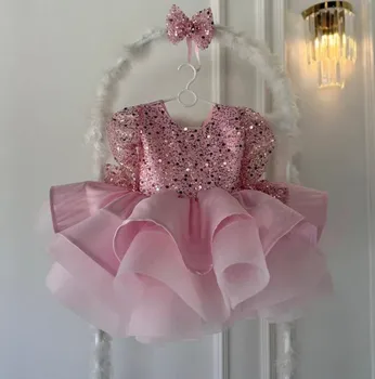 Розова принцеса рокля с волани и пайети рокля за парти в чест на първия рожден ден на бебето, Детско сватбена вечерна рокля на цветчета за момичетата
