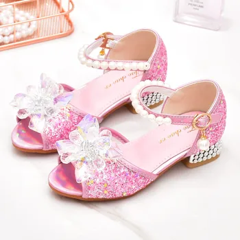 Летни сандали за момичета 2023 г., новите модни детски обувки на висок ток с голям диамантен пръстен и цветя модел, обувки за принцеса за танци, сватбен банкет