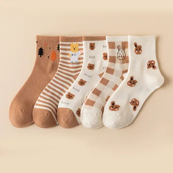 Чорапи, дамски чорапи със средна дължина, спортни дамски чорапи с мечка, есенни студентски дълги чорапи