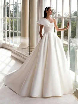 Сватбени рокли от чисто сатен без ръкави с едно рамо За жени, просто сватбена рокля с А-силует Vestidos De Noiva 2024, сшитое по поръчка