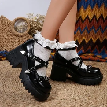 Ежедневни обувки Mary Janes от Изкуствена кожа, Лидер на продажбите 2023 г., Дамски Обувки с кръгло бомбе, Пролетно-Есенна Однотонная Обувки с Катарама на колана си, Сладък