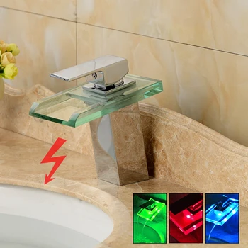 Led RGB миксер с водопад, единична дръжка, мивка, мивка