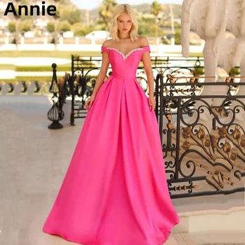 Розови Сатенени рокли за бала с открити рамене, Блестящи мъниста, Вечерна рокля А-образна форма 2024, Вечерни рокли, Vestidos De Noche