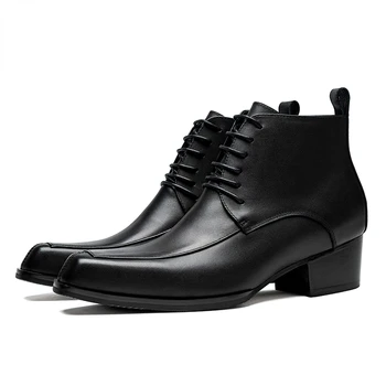Италиански Мъжки Бизнес Обувки на Висок Ток от Луксозна Естествена Кожа, Удобни Нови Мъжки Топли Обувки за Сватба, Ръчно изработени Височина 5 см