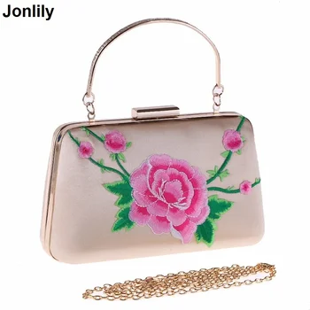 Реколта дамски вечерна чанта с бродерия на цвете, Роза, кристали, малка дамска чанта, сватбени дамски чанти през рамо