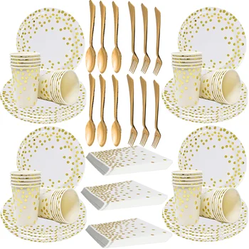 Комплект прибори за хранене за еднократна употреба от платина хартия, украса за парти по случай рожден ден, Аксесоари за сватбени партита, прибори за хранене, хартиени чаши и чинии