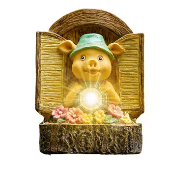 Слънчев градински орнамент-прасенце, Статуетка от водоустойчива смола, градинска статуя на прасе, статуетка със слънчева светлина, скулптури на закрито и на открито, изкуство в двора
