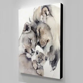 Стенен художествен плакат, на пръстови отпечатъци Щастливо семейство Лъвове, живопис върху платно, животински принт, стенописи в скандинавски стил