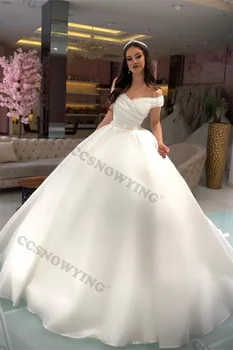 Луксозна сватбена рокля с открити рамене за булката от органза и перли Топката Сватбена рокля Robe De Soirée De Mariage