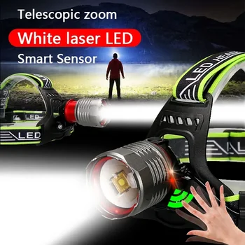 Бял лазерен налобный фенер Scalable мощен led фар с USB сензор, Акумулаторна батерия налобный лампа за къмпинг Lanterna Използва батерия 18650