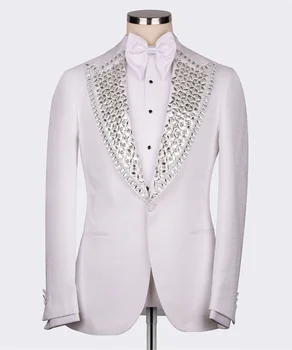 Луксозен бял сакото на младоженеца с хрустальным перли 2Vents Мъжки блейзър по поръчка за официални партита Мъжки смокинг