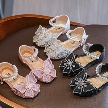 Сандали за момичета с кристали и перли-пеперуда, Лятна ежедневни устойчива на плъзгане обувки за улични танци 2023 г., Нова детски обувки принцеса