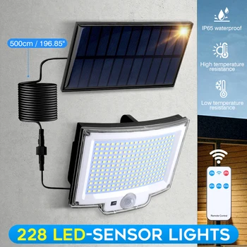 118 / 228LEDs Слънчев външен лампа с интелигентен сензор за движение, дистанционно управление IP65, Водоустойчив Вътрешен двор, Гараж, двор, Слънчева светлина