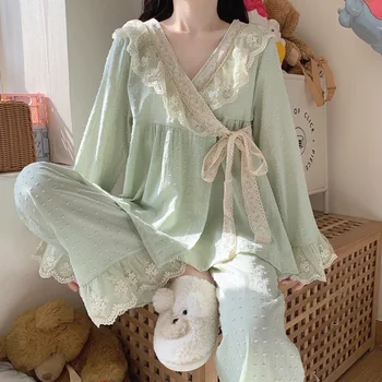Пролетно-лятна пижама-кимоно от чиста памучна прежда с V-образно деколте и принтом, големи размери, разкроена ръкави, дрехи за почивка, дамски пижами от 2 теми