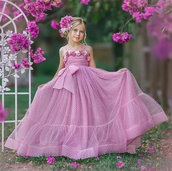 Рокля с цветя модел за момичета, розово пищни плажна рокля на бретелях, елегантни рокли принцеса, тюлевая 3D апликация с дължина до пода, бебешки дрехи за рожден ден