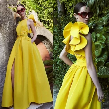 Жълто атласное ново модно парижское рокля с дълъг колан, плиссированная 3D стикер, секси рокля трапецовидна форма с отворен гръб за абитуриентски, официални тоалети по поръчка за жени
