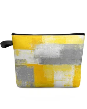 Картина масло Абстрактна геометрична жълто-сива косметичка, чанта за пътуване, женски козметични чанти, органайзер, молив случай за съхранение.