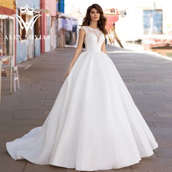 Бална рокля АЛЕКС НОВИАС, Атласное сватбена рокля 2023, Мечтательное Сватбена рокля с кръгло деколте, расшитое мъниста, Vestidos Novias De Saten