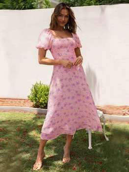 Jastie 2023 Лятото Розова рокля с пищни ръкави, ежедневни празнична рокля с цветен модел и квадратни деколтета, дълги рокли с принтом в стил бохо за жени