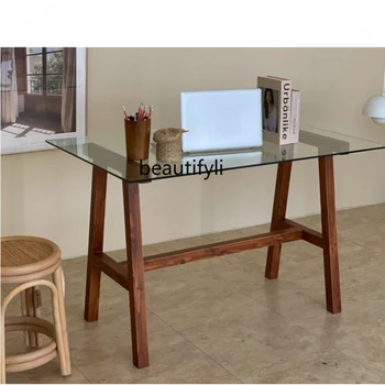 Маса от масивно дърво и закалено стъкло в американски стил, Компютърна маса, прост, модерен, маса за хранене, бюро