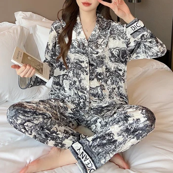 Кадифе пижами Дамски Корейската версия, Модни и ежедневни топла риза с дълги ръкави и отворотами, Панталони, домашно облекло, комплект от две части, спално бельо