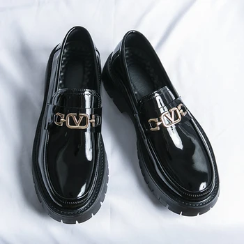Черни мъжки лоферы от лачена кожа на платформа, без шнур, с кръгло бомбе, луксозни бизнес обувки, Размер 38-45
