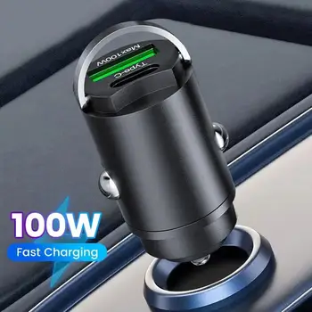 Зарядно за кола 100 W PD + QC Бързо зареждане на Мини зарядно за кола C USB Адаптер, зарядно устройство за мобилен телефон Samsung 