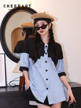 Летни дънкови ризи с копчета в стил мозайка, дамски блузи-фенери с къс ръкав, синя Корейската мода хубава горна дреха