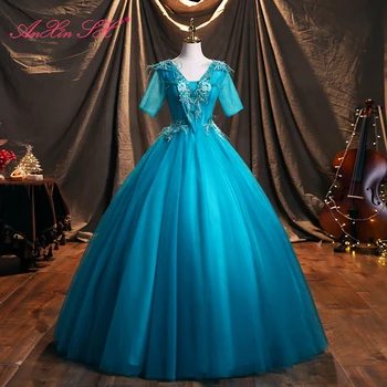 AnXin SH винтажное синьото бельо рокля във формата на цвете с V-образно деколте, расшитое мъниста, бална рокля на булката с кристали, вечерна рокля на принцеса с къс ръкав