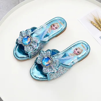 Замразени обувки Детски пантофки Принцеса Лято Елза За момичета Домашна градинска обувки на плоска подметка с кристали за деца