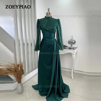 Елегантни зелени мюсюлмански вечерни рокли 2024 г., сатен блестящи пайетки, мъниста, вечерни рокли за абитуриентски бал за жените, вечерна рокля с дълъг ръкав