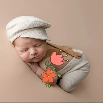 Стилен комплект от панталони на подтяжках и шапки за бебета, брючный костюм с колан на гърба за момчето и шапка в тон, идеални за фотосесии