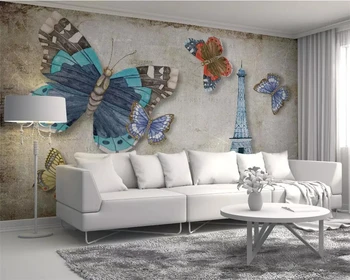 Тапети по поръчка Beibehang модерен ретро реколта пеперуда Парижката кула ТЕЛЕВИЗИЯ фон стени, стенни картини за декорация на дома, 3D тапети