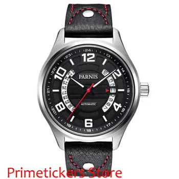 43 мм черен циферблат Parnis кожена каишка сапфирен кристал механизъм за самостоятелно ликвидация мъжки часовник
