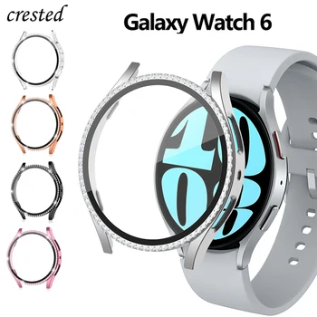 Стъкло + диамантена калъф за Samsung Galaxy Watch 6 40 мм 44 мм Аксесоари Bling PC броня + защитно фолио за дисплея на Galaxy watch Калъф 6