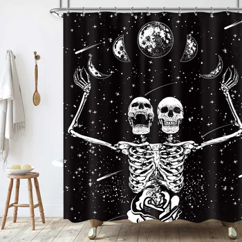 Завеса за душ с череп и виртуален скелет в лунна светлина, готически Черно-бели завеси за душ Sugar Spooky на Хелоуин за баня, комплект за баня декор