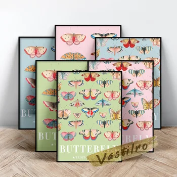 Плакат с пеперуди, щампи на животни скандинавските цветя, синьо-зелени на Розови Различни пеперуди върху платно, стикери за стените на детската стая