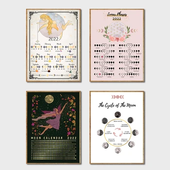 Календар на фазите на Луната на 2022 година, Плакати за жени, стенни щампи, розово Лунен календар на 2022 година, Художествена картина върху платно, декорация на стените в една стая за момичета
