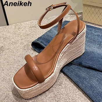 Aneikeh Лято, Новата мода, дамски сандали на танкетке с квадратни пръсти и каишка с катарама в глезена, дамски обувки за почивка, Кафяв, Черен