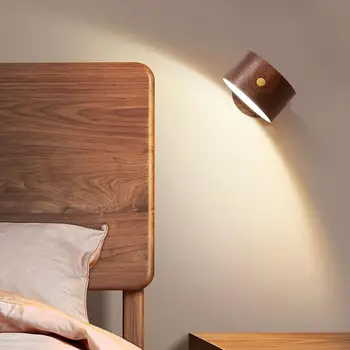 Дървена led нощна лампа с потъмняване Usb Зареждане на Въртящ се на 360 ° Магнитна топка Регулируема Сензорно управление нощна светлина за защита на очите