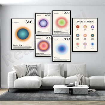Цифрова проява на Ангел, градиентный естетически плакат с ореол, религиозно изкуство, ярък цветен енергиен нумерологични плакат